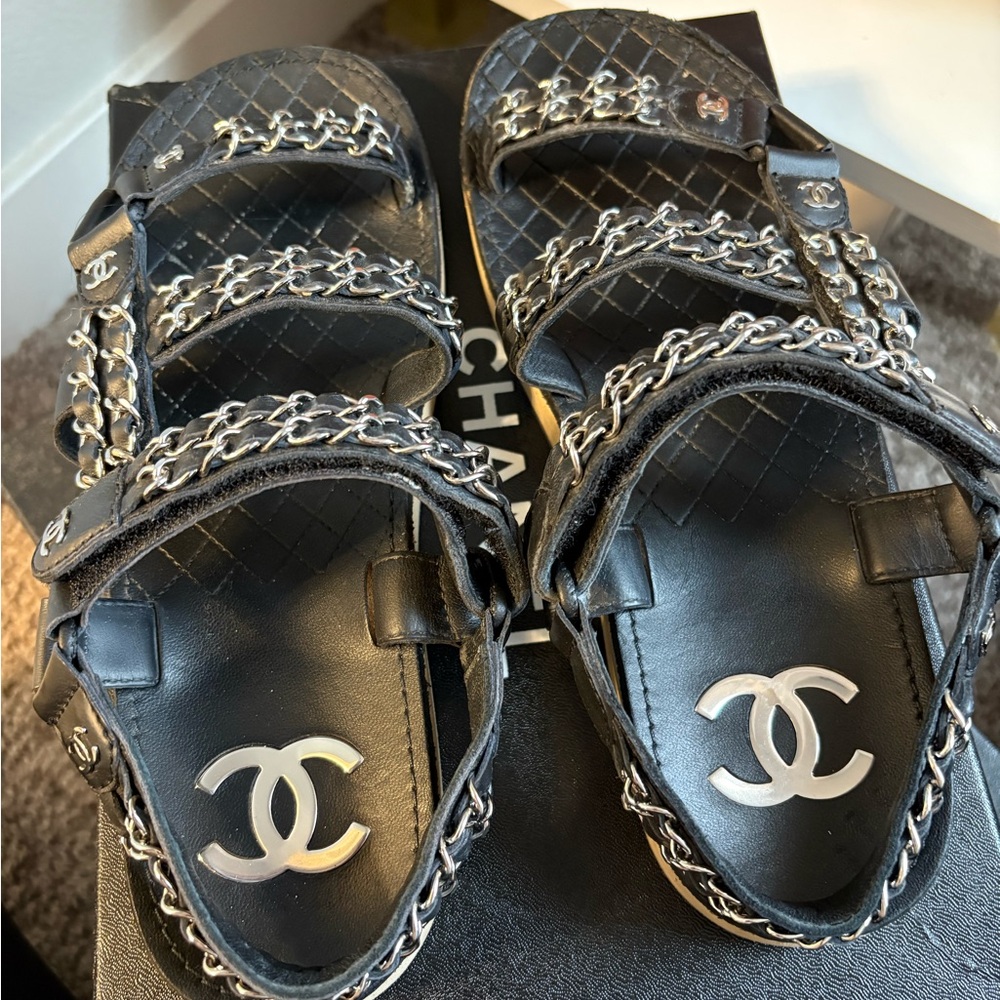 Chanel Black Sandals with Chain Detail - Picture 3 of 7
